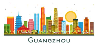 Guangzhou Çin Şehri Skyline ve Beyaz Renkli Binalar. Vektör İllüstrasyonu. Modern Mimariyle İş Seyahatleri ve Turizm Konsepti. Tarihi Simgeli Guangzhou Şehir Manzarası.
