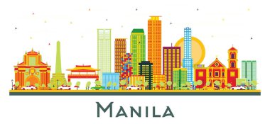 Manila Filipinler şehrinin silueti ve beyaza izole edilmiş renkli binalar. Vektör İllüstrasyonu. Modern Mimariyle İş Seyahatleri ve Turizm Konsepti. Tarihi Simgeli Manila Şehir Manzarası.