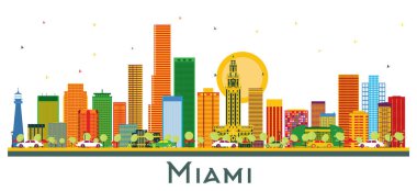 Miami Florida City Skyline 'da Renkli Binalar Beyaz' da izole edilmiş. Vektör İllüstrasyonu. Modern Mimariyle İş Seyahatleri ve Turizm Konsepti. Tarihi Simgelerle Miami ABD Şehri.