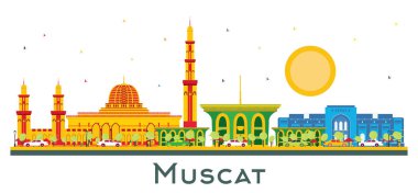 Muscat Umman Şehri Skyline 'ı ve Beyaz Renkli Binalar. Vektör İllüstrasyonu. Tarihi Mimariyle İş Seyahati ve Turizm Konsepti. Simgeli Muscat Şehir Manzarası.