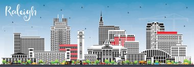 Raleigh North Carolina City Skyline ile Color Buildings ve Blue Sky. Vektör İllüstrasyonu. Tarihi Simgelerle Raleigh Şehir Manzarası. Modern Mimariyle İş Seyahati ve Turizm Konsepti.