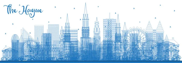 Mavi Binalar ile Lahey Hollanda Şehir Silueti anahat. Tarihi Mimari ile İş Seyahati ve Turizm Konsepti. Simgesel Yapılarla Hague Cityscape. 