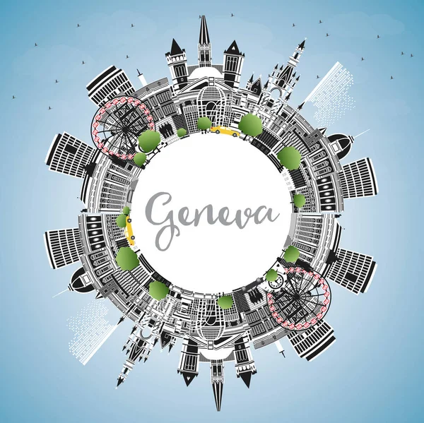 Renkli binaları, mavi gökyüzü ve kopyalama uzayı olan Cenevre İsviçre Şehri Skyline 'ı. Vektör İllüstrasyonu. Landmark 'lı Cenevre Şehri. Tarihi Mimariyle Seyahat ve Turizm Konsepti.
