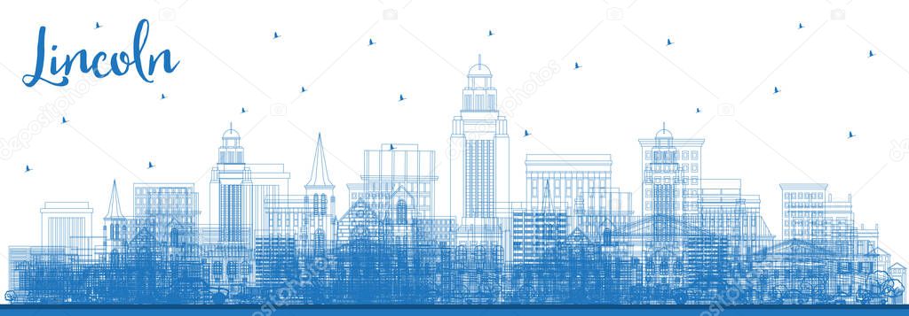 Outline Lincoln Nebraska City Skyline with Blue Buildings. Vector Illustration. Business Travel and Tourism Concept with Historic Architecture. Lincoln USA Cityscape with Landmarks. 
