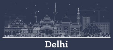 Delhi, Hindistan, Beyaz Binalar ve Skyline 'ın ana hatları. Vektör İllüstrasyonu. Tarihi Mimariyle İş Seyahati ve Turizm Konsepti. Tarihi Simgelerle Delhi Şehir Manzarası.