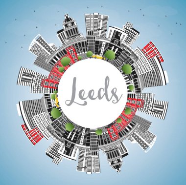 Leeds UK City Skyline, Color Buildings, Blue Sky ve Copy Space ile. Vektör İllüstrasyonu. Landmark 'lı Leeds Yorkshire City manzarası. Tarihi Mimariyle İş Seyahati ve Turizm Konsepti.