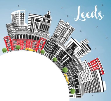 Leeds UK City Skyline, Color Buildings, Blue Sky ve Copy Space ile. Vektör İllüstrasyonu. Landmark 'lı Leeds Yorkshire City manzarası. Tarihi Mimariyle İş Seyahati ve Turizm Konsepti.