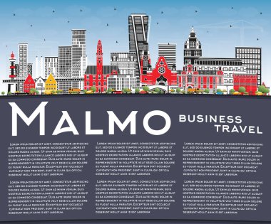 Malmö İsveç Şehri Skyline Renkli Binalar, Mavi Gökyüzü ve Kopya Uzayı. Vektör İllüstrasyonu. Landmark 'lı Malmö Şehri. Tarihi Mimariyle İş Seyahati ve Turizm Konsepti.