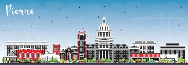 Renkli Binalar ve Mavi Gökyüzü ile Pierre South Dakota City Skyline. Vektör İllüstrasyonu. Pierre USA Şehir Manzarası ve Tarihi Eserleri. Modern Mimariyle İş Seyahati ve Turizm Konsepti.