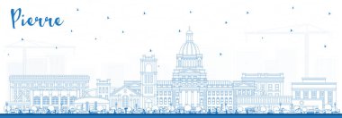 Blue Buildings ile Pierre South Dakota City Skyline 'ın ana hatlarını çiz. Vektör İllüstrasyonu. Pierre USA Şehir Manzarası ve Tarihi Eserleri. Modern Mimariyle İş Seyahati ve Turizm Konsepti.
