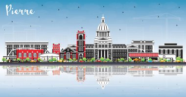 Renkli Binalar, Mavi Gökyüzü ve Yansımalar ile Pierre South Dakota City Skyline. Vektör İllüstrasyonu. Pierre USA Şehir Manzarası ve Tarihi Eserleri. Modern Mimariyle Seyahat ve Turizm Konsepti.
