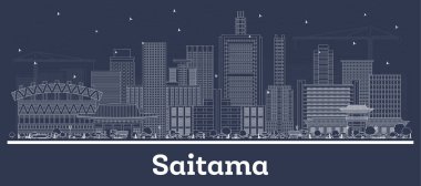 Saitama 'nın ana hatlarıyla Japonya Şehri Beyaz Binalar' ın silueti. Vektör İllüstrasyonu. Modern Mimariyle İş Seyahatleri ve Turizm Konsepti. Simgeli Saitama Şehir Alanı.