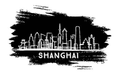 Shanghai China City Skyline silueti. El çizimi çizimi. Tarihi Mimariyle İş Seyahati ve Turizm Konsepti. Vektör İllüstrasyonu. Tarihi Simgelerle Şangay Şehir Manzarası.