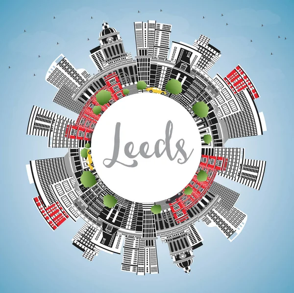 Leeds UK City Skyline, Color Buildings, Blue Sky ve Copy Space ile. Vektör İllüstrasyonu. Landmark 'lı Leeds Yorkshire City manzarası. Tarihi Mimariyle İş Seyahati ve Turizm Konsepti.