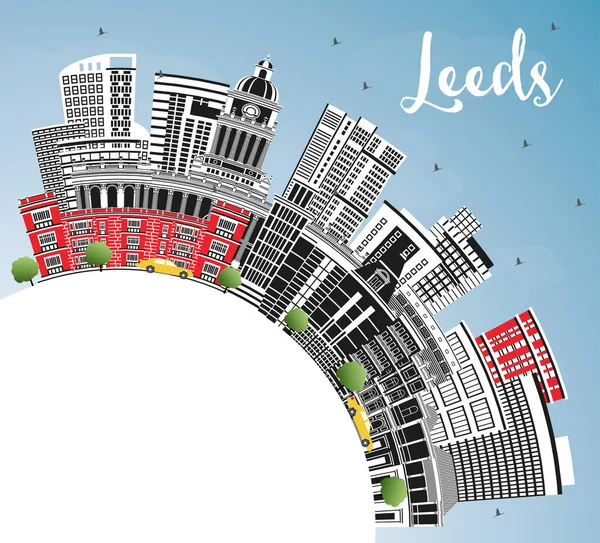 Leeds UK City Skyline, Color Buildings, Blue Sky ve Copy Space ile. Vektör İllüstrasyonu. Landmark 'lı Leeds Yorkshire City manzarası. Tarihi Mimariyle İş Seyahati ve Turizm Konsepti.