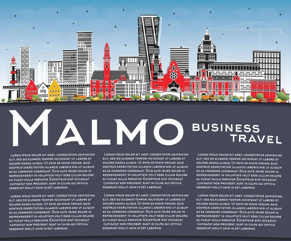 Malmö İsveç Şehri Skyline Renkli Binalar, Mavi Gökyüzü ve Kopya Uzayı. Vektör İllüstrasyonu. Landmark 'lı Malmö Şehri. Tarihi Mimariyle İş Seyahati ve Turizm Konsepti.