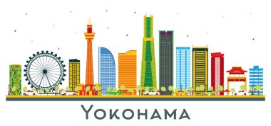 Yokohama Japonya Şehri Gökyüzü ve Beyaz Renkli Binalar. Vektör İllüstrasyonu. Modern Mimariyle İş Seyahatleri ve Turizm Konsepti. Tarihi işaretli Yokohama Şehir Manzarası.