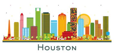 Houston USA City Skyline ve White 'da izole edilmiş Renk Binaları. Vektör İllüstrasyonu. Modern Binalarla İş Seyahatleri ve Turizm Konsepti. Tarihi Simgeli Houston Şehir Manzarası.