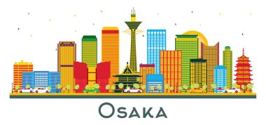 Osaka Japon Şehri Skyline 'ı ve beyaza izole edilmiş renkli binalar. Vektör İllüstrasyonu. Modern Mimariyle İş Seyahatleri ve Turizm Konsepti. Tarihi İşaretli Osaka Şehri.