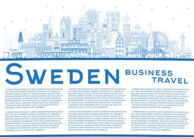 İsveç 'e hoş geldiniz. Blue Buildings ve Copy Space ile ana hatlı City Skyline. Vektör İllüstrasyonu. Tarihsel Mimarlık. Kent simgeleriyle İsveç Şehri. Stockholm. Uppsala. Malmö. Göteborg.