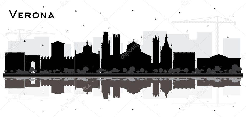 Verona Italy City Skyline Silhouette with Black Buildings and Reflections Isolated on White. Vector Illustration. Business Travel and Tourism Concept with Historic Architecture.