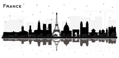 Siyah Binaları ve Beyaz Yansımaları Olan France Skyline Silhouette. Vektör İllüstrasyonu. Tarihsel Mimarlık. Fransa Şehri 'nin simgeleriyle. Toulouse. Paris mi? Lyon. Marsilya.