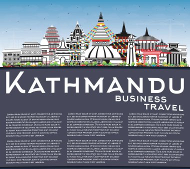 Renkli Binalar, Mavi Gökyüzü ve Kopya Uzayı ile Kathmandu Nepal City Skyline. Vektör İllüstrasyonu. Tarihi Simgeli Katmandu Şehri. Tarihi Mimariyle İş Seyahati ve Turizm Konsepti.