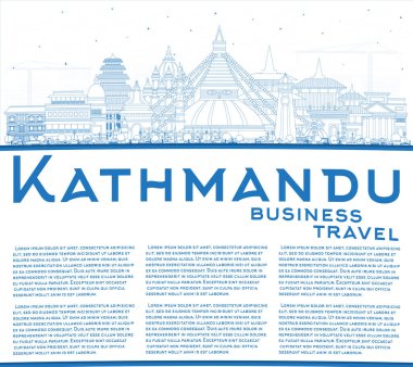Blue Buildings ve Copy Space ile Kathmandu Nepal City Skyline 'ın taslağı. Vektör İllüstrasyonu. Tarihi Simgeli Katmandu Şehri. Tarihi Mimariyle İş Seyahati ve Turizm Konsepti.