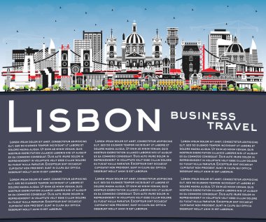 Lisbon Portugal City Skyline Renkli Binalar, Mavi Gökyüzü ve Kopyalama Uzayı. Vektör İllüstrasyonu. Tarihi yerleri olan Lizbon Şehri. Tarihi Mimariyle İş Seyahati ve Turizm Konsepti.