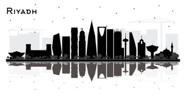Riyad Suudi Arabistan Şehri Skyline Silueti Siyah Binalar ve Beyaz Yansımalar ile izole edildi. Vektör İllüstrasyonu. Modern Mimariyle Seyahat ve Konsept. Tarihi Simgelerle Riyad Şehir Manzarası.
