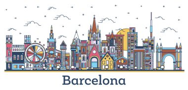 Barcelona 'nın ana hatları İspanya Şehri Skyline ve beyaza izole edilmiş renkli tarihi binalar. Vektör İllüstrasyonu. Simgeli Barcelona Şehir Manzarası.