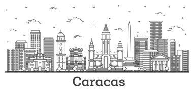 Caracas Venezuela City Skyline 'ın ana hatlarıyla Modern ve Tarihi Binalar beyaza izole edilmiştir. Vektör İllüstrasyonu. Tarihi Simgeli Karakas Şehir Manzarası.