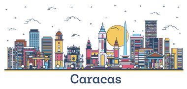 Caracas Venezuela City Skyline 'ın ana hatlarıyla beyaza izole edilmiş renkli tarihi binalar. Vektör İllüstrasyonu. Tarihi Simgeli Karakas Şehir Manzarası.