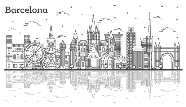 Outline Barcelona Spain City Skyline Historic Buildings Reflections Isolated White — Stock Vector