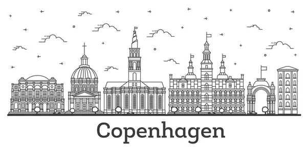 Esquema Copenhague Dinamarca City Skyline Con Edificios Históricos Aislados Blanco — Vector de stock
