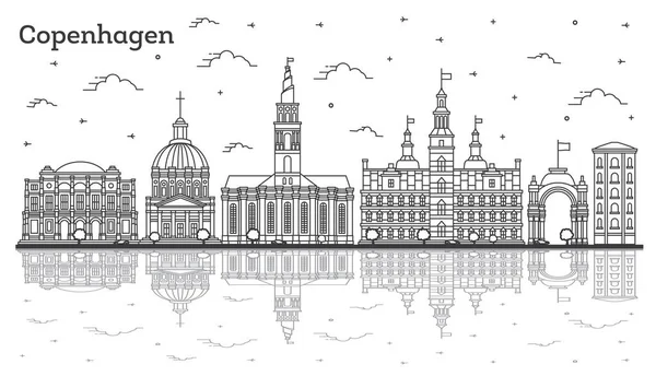 Outline Copenhagen Denmark City Skyline Con Edifici Storici Riflessioni Isolate — Vettoriale Stock