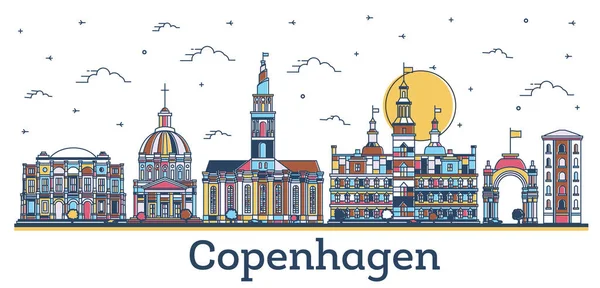 Kopenhag Şehir Siluetinin Ana Hatları Beyaza Izole Edilmiş Renkli Tarihi — Stok Vektör