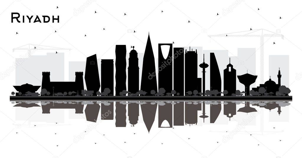 Riyadh Saudi Arabia City Skyline Silhouette with Black Buildings and Reflections Isolated on White. Vector Illustration. Travel and Concept with Modern Architecture. Riyadh Cityscape with Landmarks.