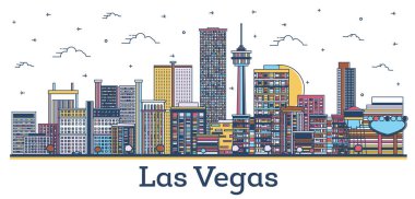 Las Vegas City Skyline ana hatlarıyla Modern Renkli Binalar beyaza izole edilmiş. Vektör İllüstrasyonu. Las Vegas ABD Şehir Simgeleriyle.