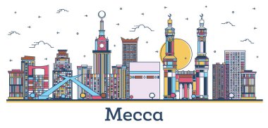 Mekke Suudi Arabistan şehrinin ana hatlarıyla beyaza izole edilmiş renkli tarihi binalar. Vektör İllüstrasyonu. Tarihi Simgeli Mekke Şehri.
