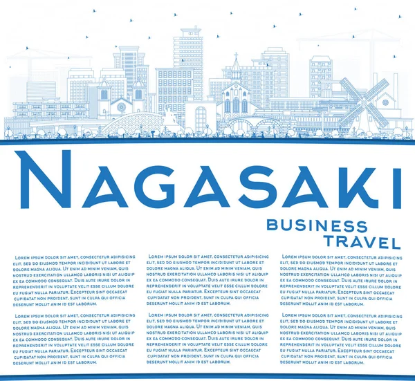 Outline Nagasaki Japan City Skyline Con Edifici Blu Spazio Copia — Vettoriale Stock