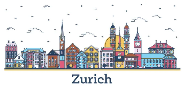 Disposition Zürich Schweiz City Skyline Med Färgade Historiska Byggnader Isolerade — Stock vektor