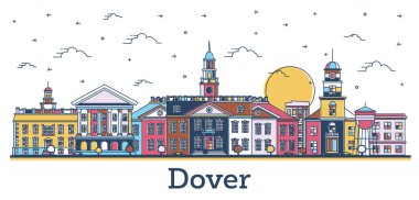 Dover Delaware şehrinin silueti ve beyaza izole edilmiş renkli tarihi binalar. Vektör İllüstrasyonu. Tarihi Simgelerle Dover ABD Şehri.