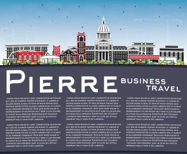 Pierre South Dakota City Skyline ve Color Buildings, Blue Sky ve Copy Space. Vektör İllüstrasyonu. Pierre USA Şehir Manzarası ve Tarihi Eserleri. Modern Mimariyle İş Seyahati ve Turizm Konsepti.