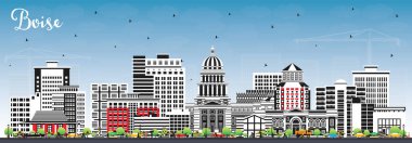 Renkli Binalar ve Mavi Gökyüzü ile Boise Idaho City Skyline. Vektör İllüstrasyonu. Tarihi Eserleri olan Boise USA Cityscape. Modern Mimariyle İş Seyahati ve Turizm Konsepti.