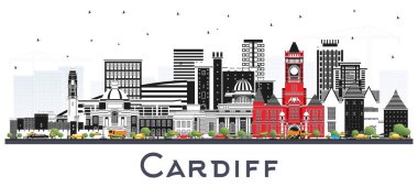 Cardiff Wales City Skyline 'ı ve beyaz renkli binaları var. Vektör İllüstrasyonu. Cardiff UK City 'nin simgeleriyle. Tarihi Mimariyle İş Seyahati ve Turizm Konsepti.