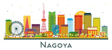 Nagoya Japon Şehir Skyline 'ı ve beyaza izole edilmiş Renk Binaları. Vektör İllüstrasyonu. Modern Mimariyle İş Seyahatleri ve Turizm Konsepti. Tarihi Simgeli Nagoy Şehri.