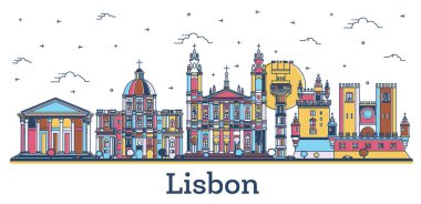 Lizbon, Portekiz, Skyline ve beyaza izole edilmiş renkli tarihi binalar. Vektör İllüstrasyonu. Tarihi Yer İmlerine sahip Lizbon Şehri.