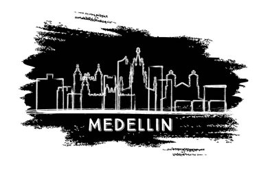 Medellin Kolombiya Şehri Skyline silueti. El çizimi çizimi. Tarihi Mimariyle İş Seyahati ve Turizm Konsepti. Vektör İllüstrasyonu. Tarihi Simgelerle Medellin Şehir Manzarası.