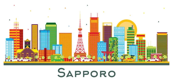 札幌市天际线与色彩建筑隔离在白色之上 病媒说明 商务旅行和旅游概念与现代建筑 有地标的札幌城市景观 — 图库矢量图片